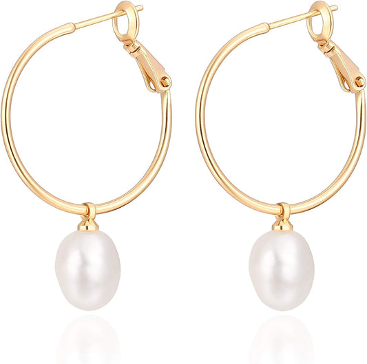 Gold Huggie Hoop Earrings with Charms Fashion Pearl Drop Dangle Earrings for Women Handmade Karma Circle Jewelry for Ladies Lightweight Pearl Earrings on Christmas…